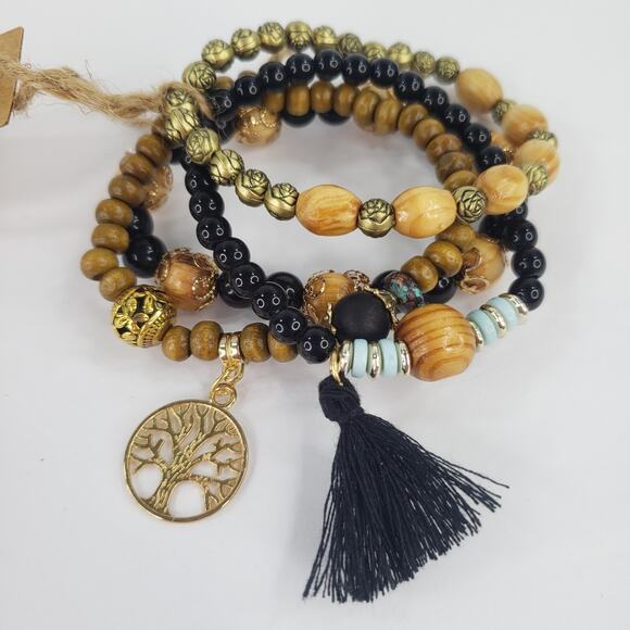 Black Beaded Boho Stretch Bracelet 4 pc Tree of Life Charm Bohemian One Size - Picture 2 of 9